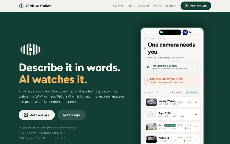 AI Vision Monitor by Frappua | Describe it in words. AI watches it. — screenshot