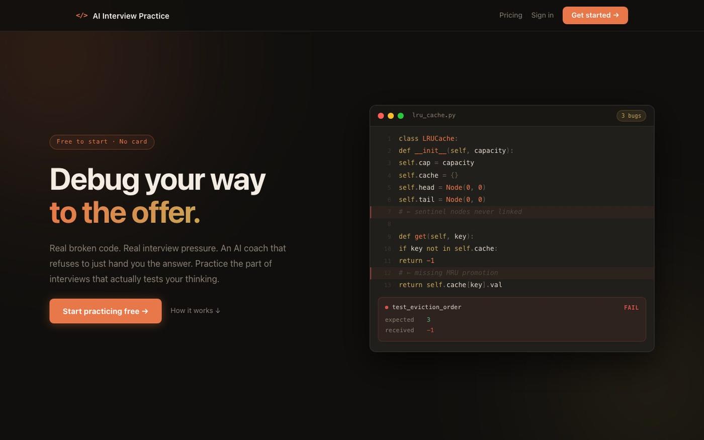 AI OA & Coding Interview Prep: Debug Real Code with an AI Coach — screenshot