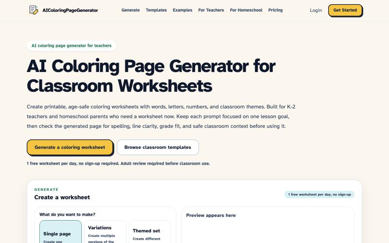 AI Coloring Page Generator for Teachers | K-2 Worksheets — screenshot