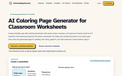 AI Coloring Page Generator for Teachers | K-2 Worksheets — screenshot