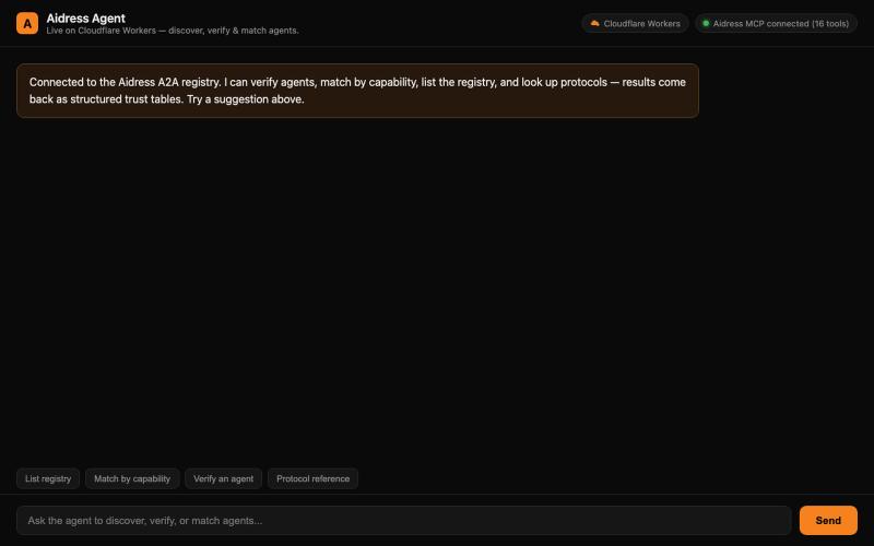 Aidress Agent — A2A Discovery Chat — screenshot