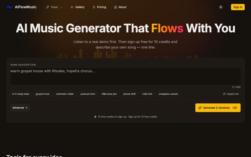 AIFlowMusic — AI music generator + free tools for creators — screenshot