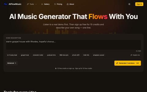 AIFlowMusic — AI music generator + free tools for creators — screenshot