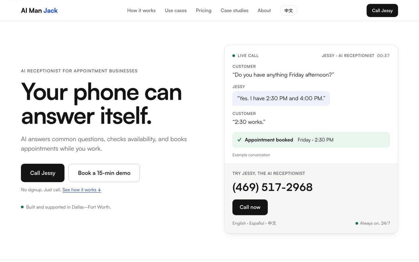 AI Receptionist for DFW Appointment Businesses | AI Man Jack — screenshot