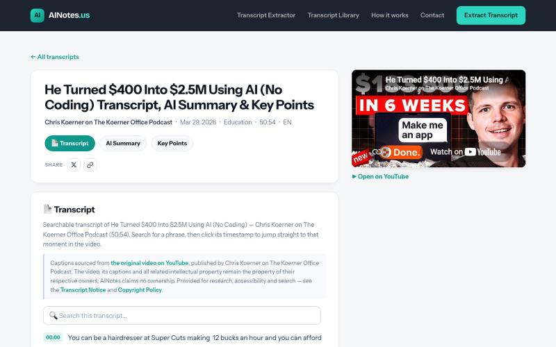 He Turned $400 Into $2.5M Using AI (No Coding) Transcript, AI Summary & Key Poin — screenshot