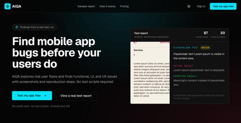 AI Mobile App Testing Without Writing Test Scripts | AIQA — screenshot
