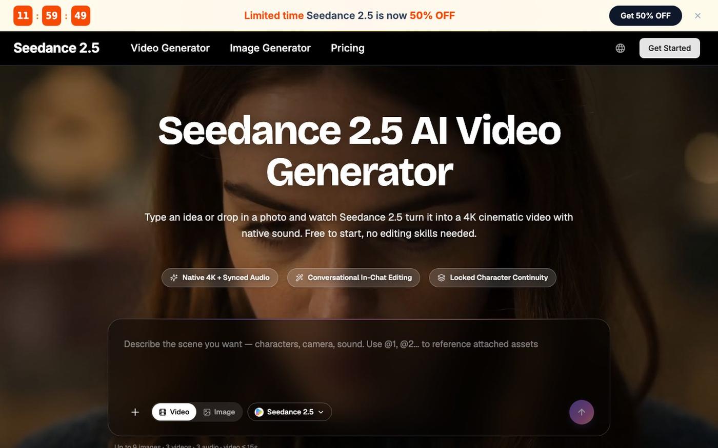 Seedance 2.5 AI Video Generator: Create 4K Cinematic Videos Free — screenshot