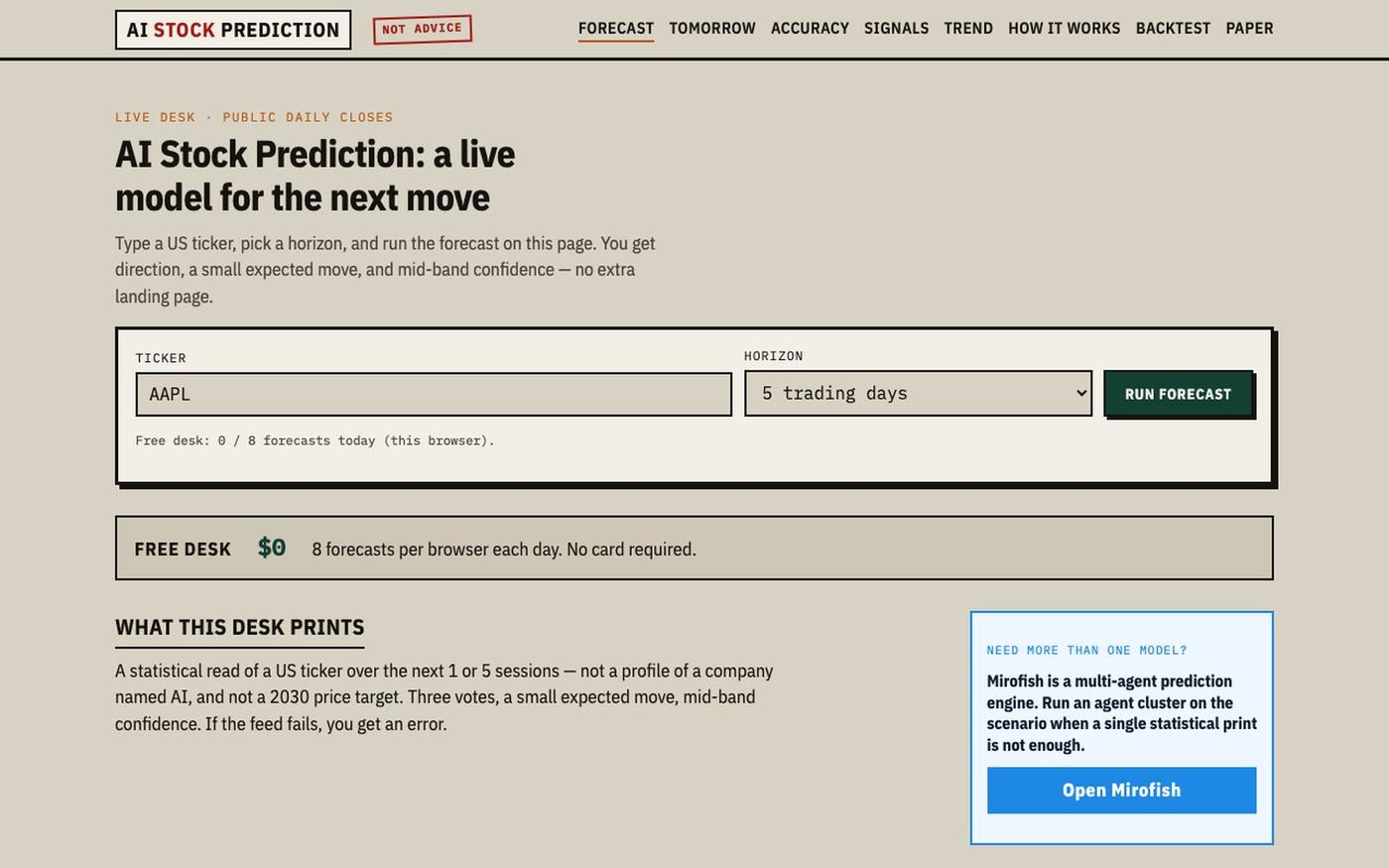 AI Stock Prediction — Live US Forecast Desk — screenshot