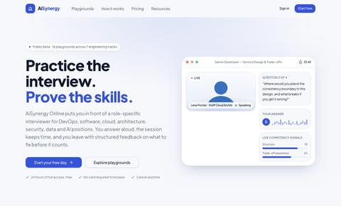 AiSynergy Online — Practice the interview. Prove the skills. — screenshot