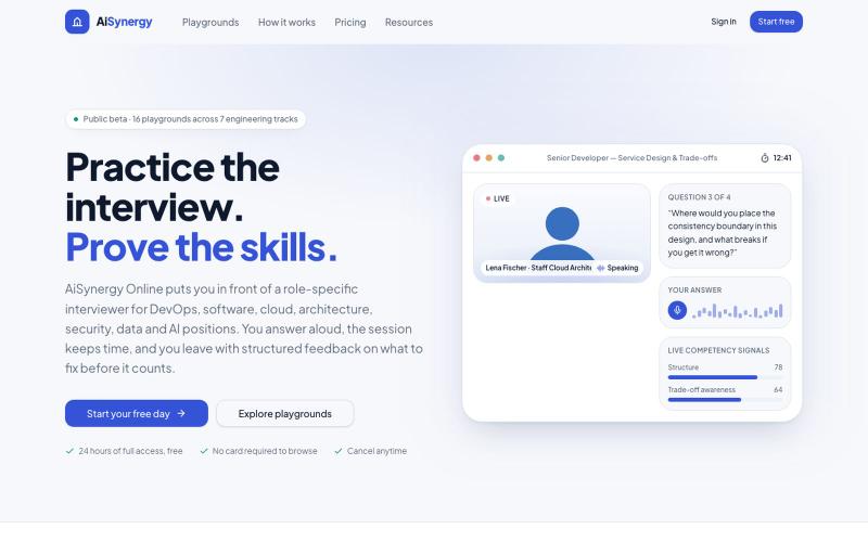 AiSynergy Online — Practice the interview. Prove the skills. — screenshot