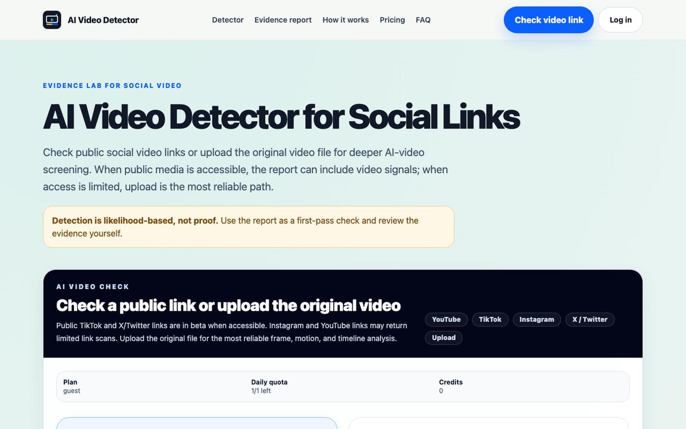 AI Video Detector for Social Links & Uploads — screenshot