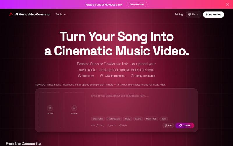 AI Music Video Generator | Turn Your Suno or FlowMusic Song Into a Cinematic MV — screenshot