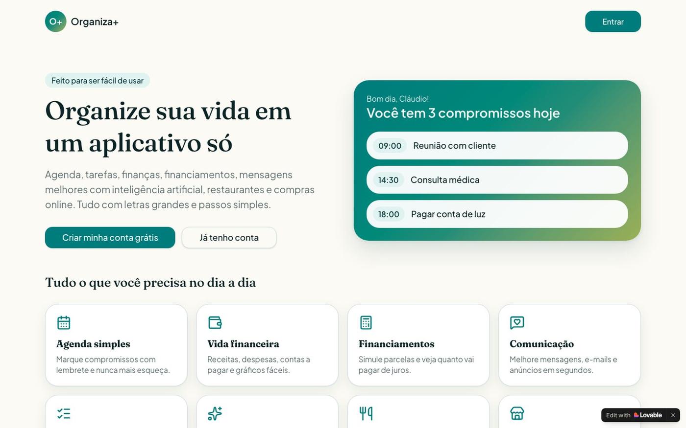 Organiza+ — Agenda, tarefas, finanças e IA no seu dia a dia — screenshot