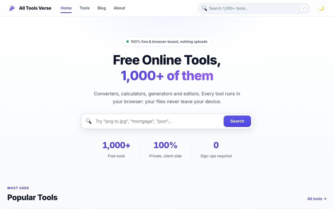 All Tools Verse | 1000+ Free Online Tools for Everyone — screenshot