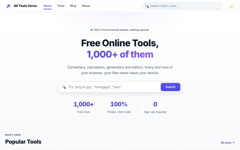 All Tools Verse | 1000+ Free Online Tools for Everyone — screenshot