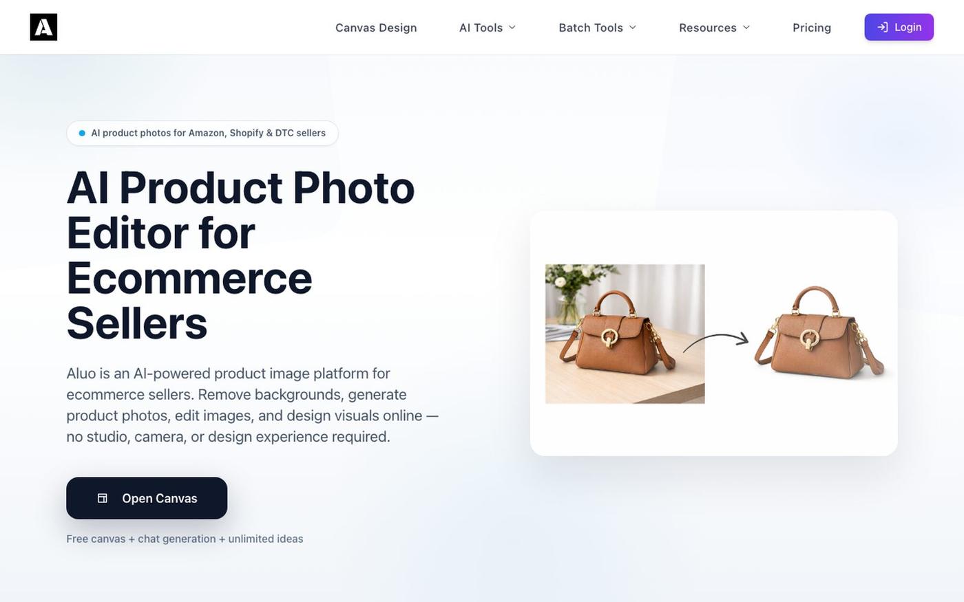 AI Product Photo Editor for Ecommerce | Background Removal & Design | Aluo — screenshot