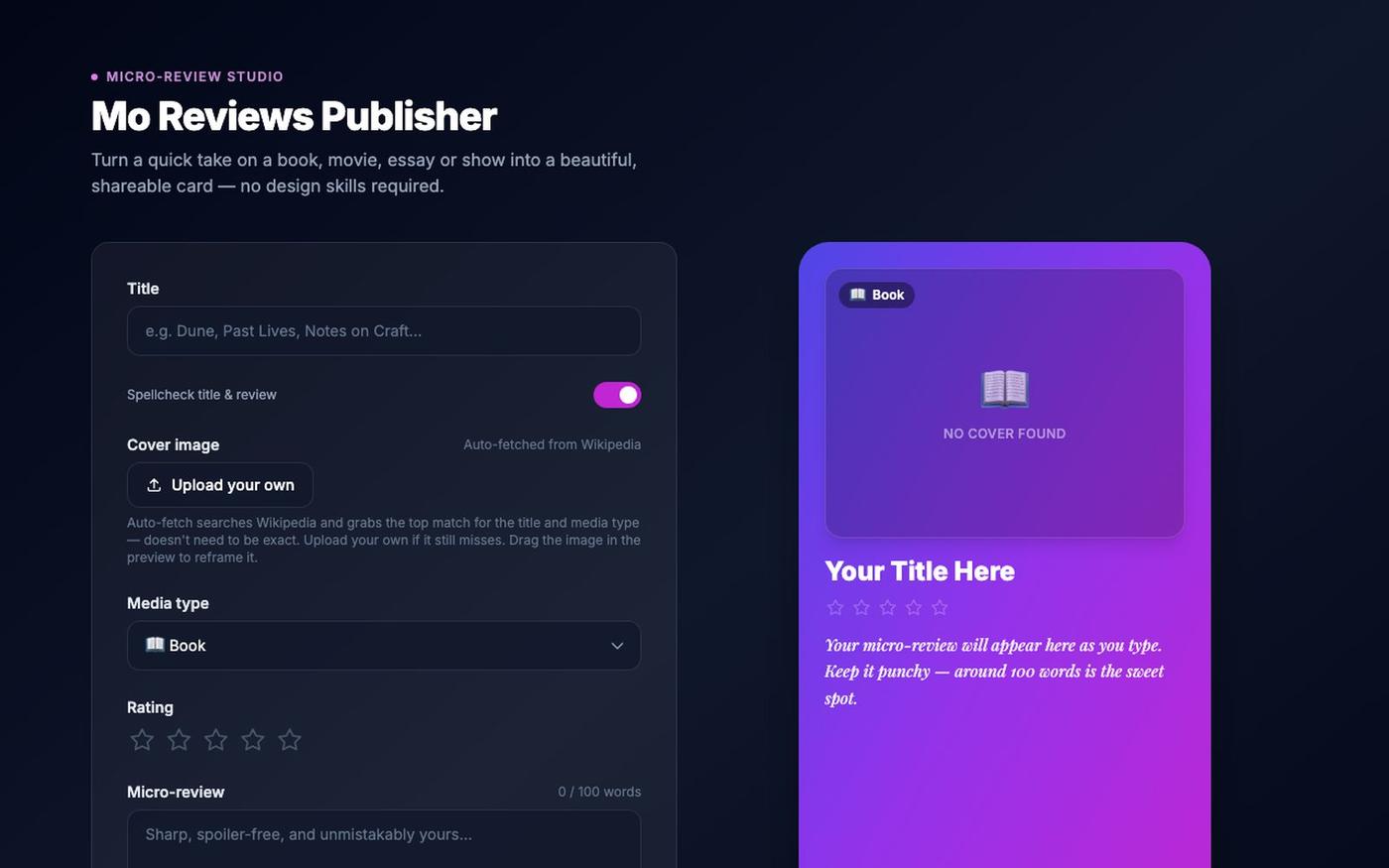 Mo Reviews Publisher — screenshot