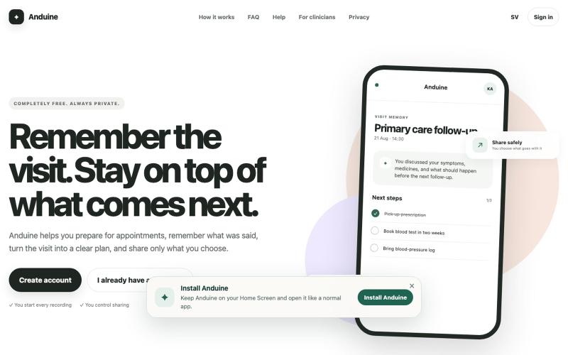Anduine | Record Healthcare Visits & Remember Next Steps — screenshot