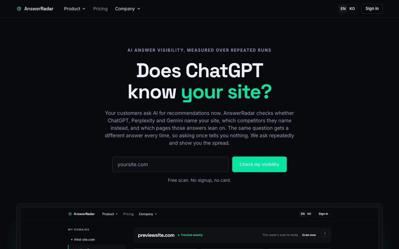 AnswerRadar — Does ChatGPT know your site? — screenshot