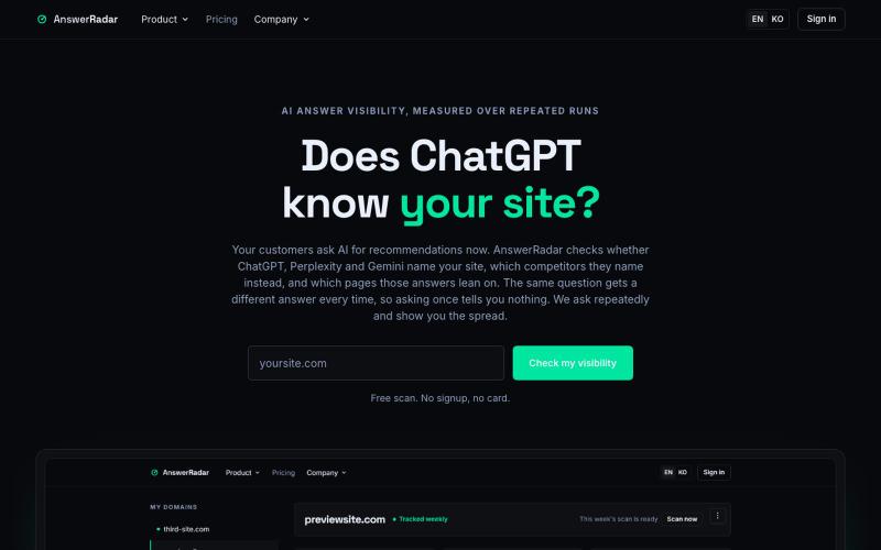 AnswerRadar — Does ChatGPT know your site? — screenshot