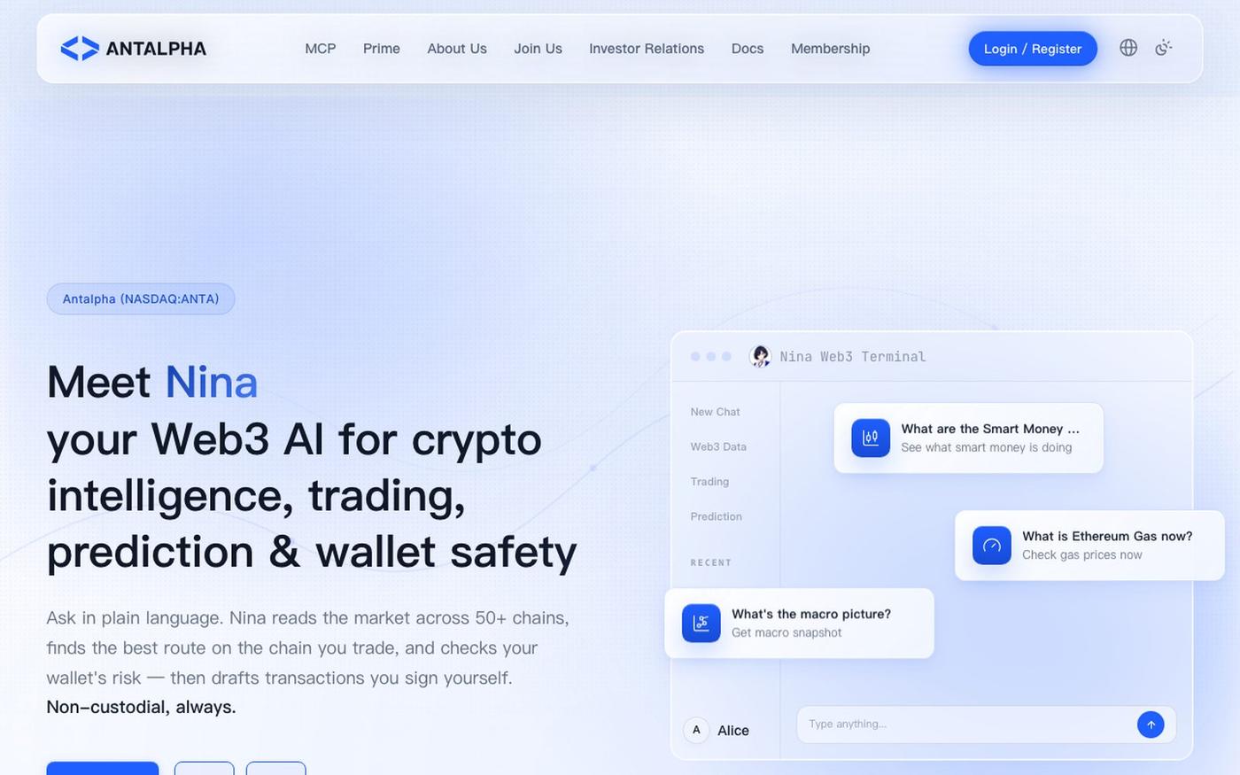 Antalpha Nina — Web3 AI for crypto intelligence & trading — screenshot