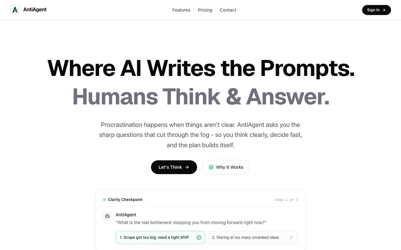 AntiAgent - Where AI Writes the Prompts & Humans Think & Answer — screenshot