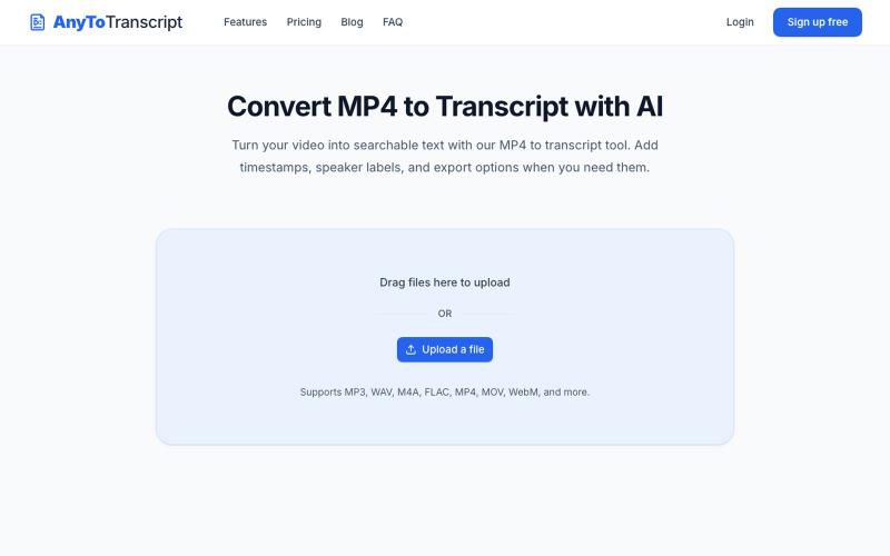 MP4 to Transcript Converter - Free & Accurate | AnyToTranscript — screenshot