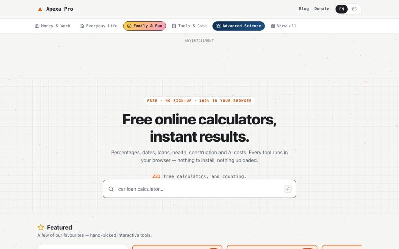 Free Online Calculators – Instant Results | Apexa Pro — screenshot