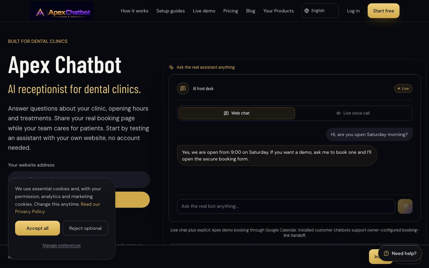 AI receptionist for dental clinics | Apex Chatbot — screenshot