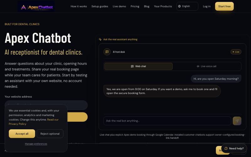 AI receptionist for dental clinics | Apex Chatbot — screenshot