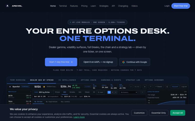 The Options Terminal — IV, Greeks & GEX on One Screen | ApexVol — screenshot