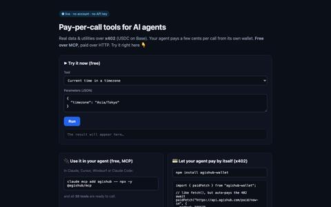 Try AgisHub · pay-per-call tools for AI agents — screenshot