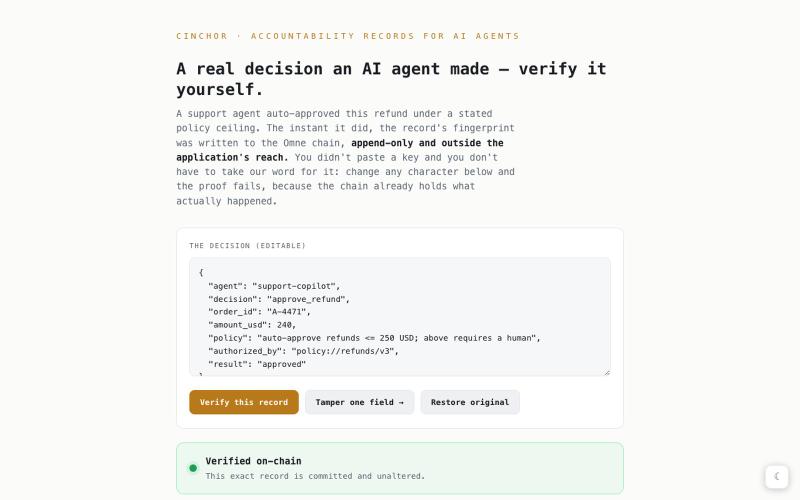 Cinchor — Verify a real agent decision — screenshot