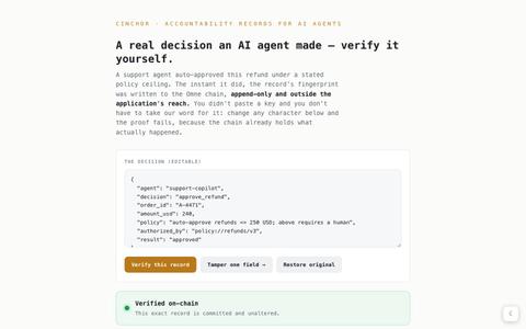 Cinchor — Verify a real agent decision — screenshot