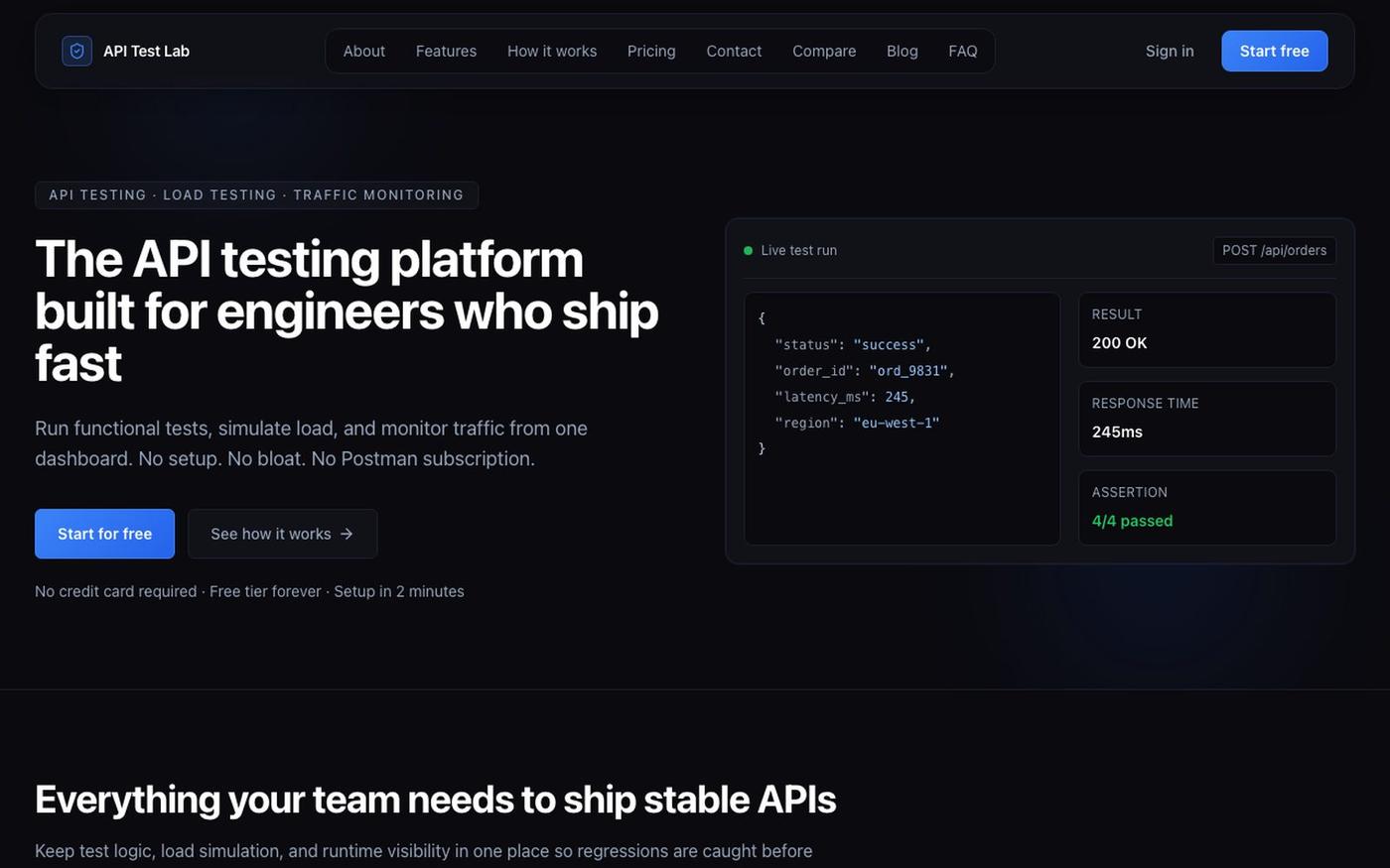 API Testing Tool for Load Tests and Monitoring | API Test Lab — screenshot