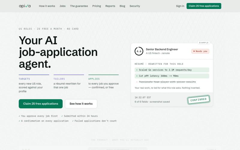 Your AI job-application agent for US roles — Apiva — screenshot
