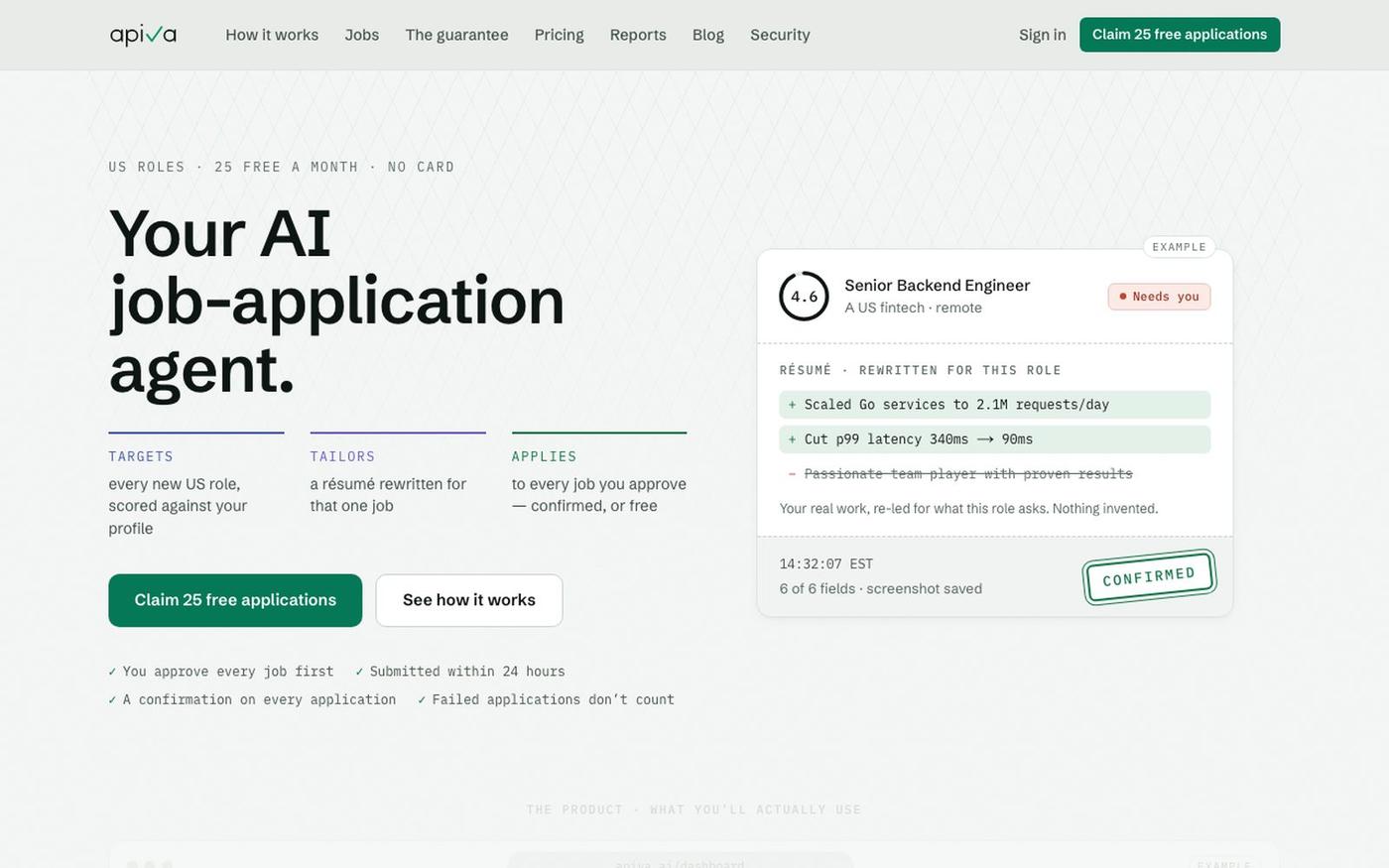 Your AI job-application agent for US roles — Apiva — screenshot