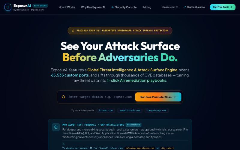 ExposurAI by BTPSEC - Intelligent EASM & OSINT Engine — screenshot