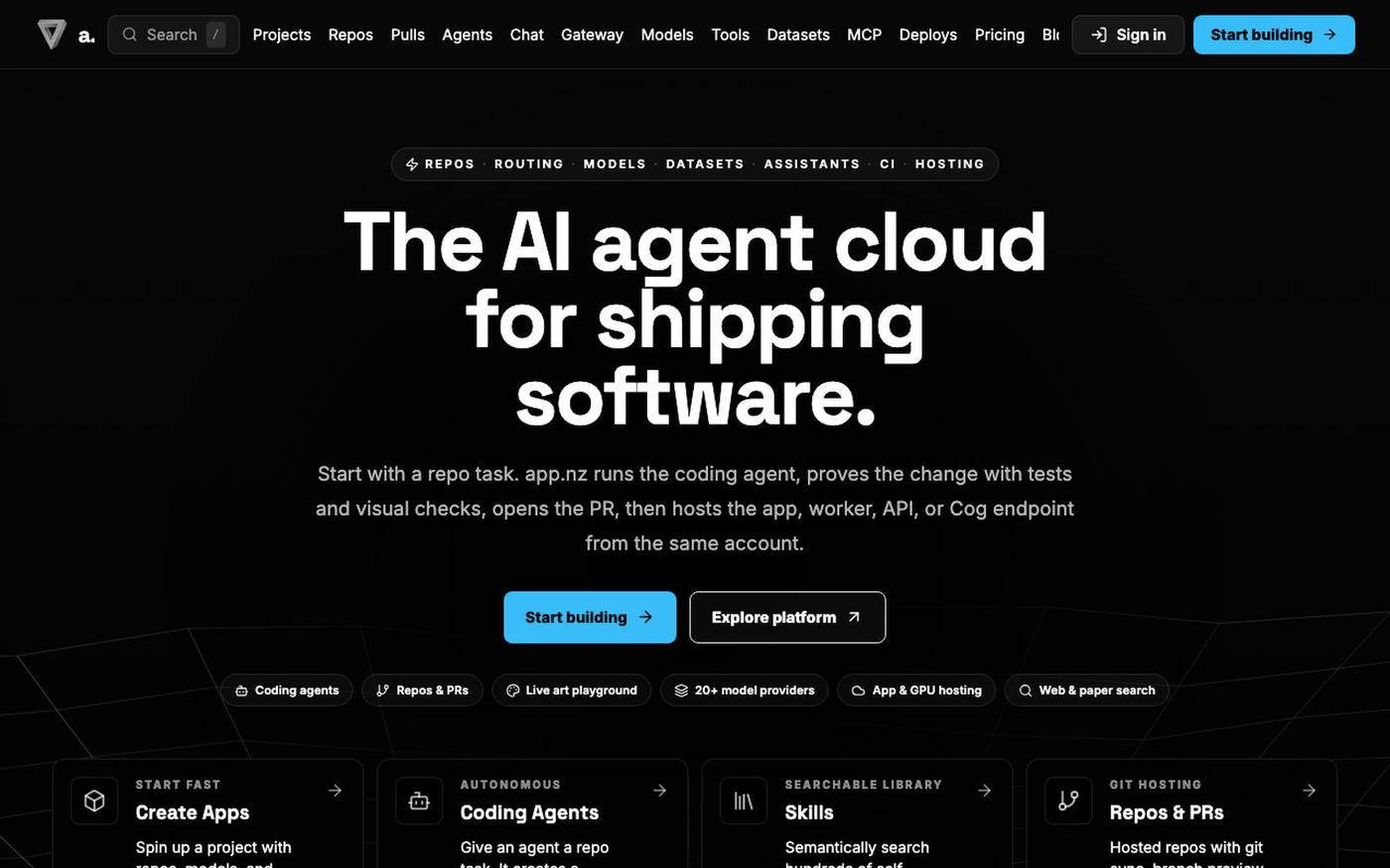 app.nz | AI Agent Cloud for Coding Agents, Deploy, Models — screenshot