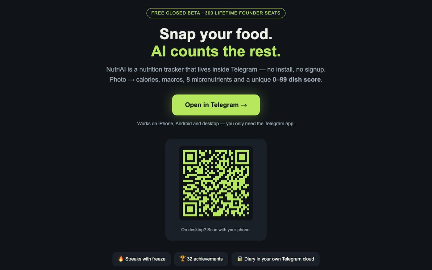 NutriAI — snap your food, AI counts calories. Inside Telegram — screenshot