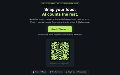 NutriAI — snap your food, AI counts calories. Inside Telegram — screenshot