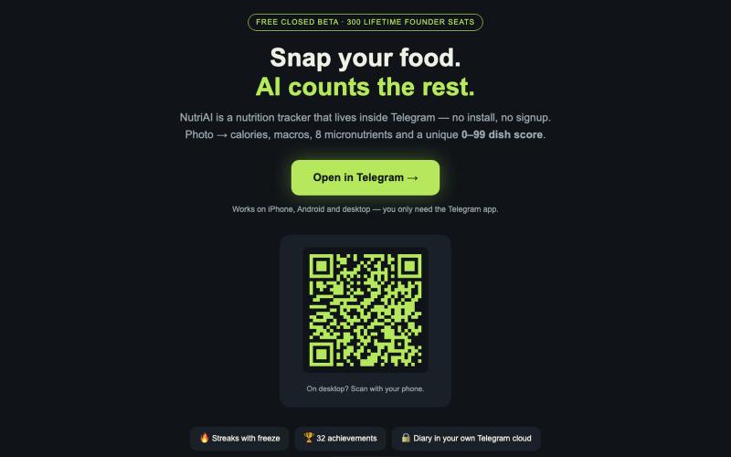 NutriAI — snap your food, AI counts calories. Inside Telegram — screenshot