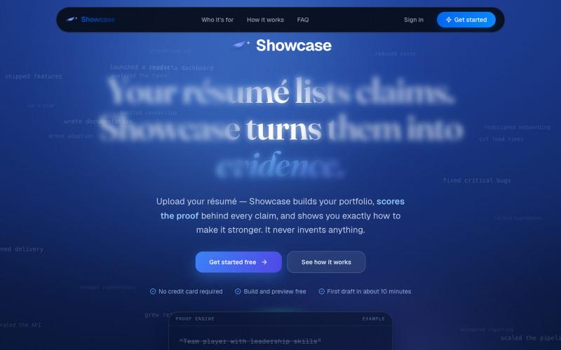 Showcase - Your résumé lists claims. Showcase turns them into evidence. — screenshot