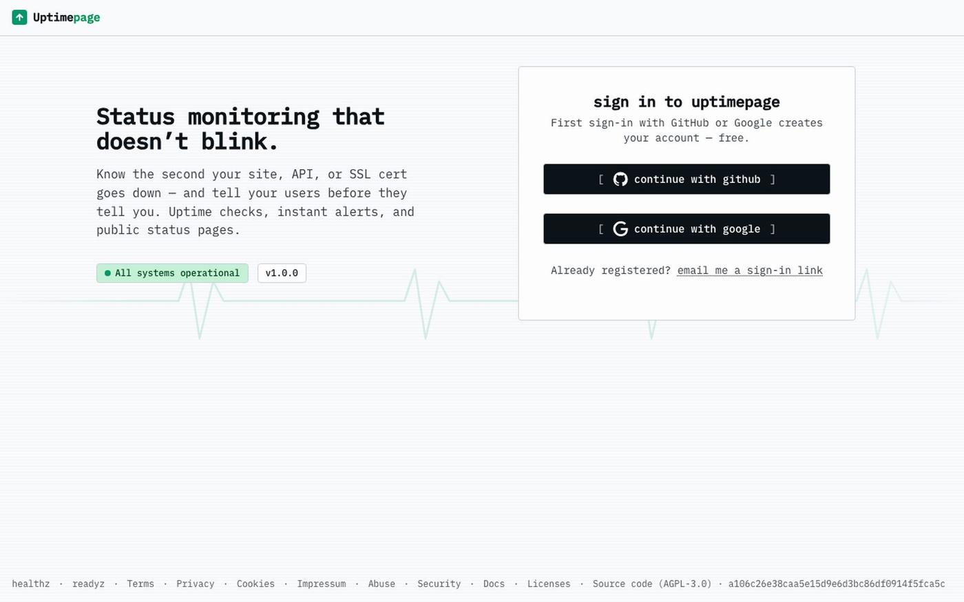 Sign in · Uptimepage — screenshot
