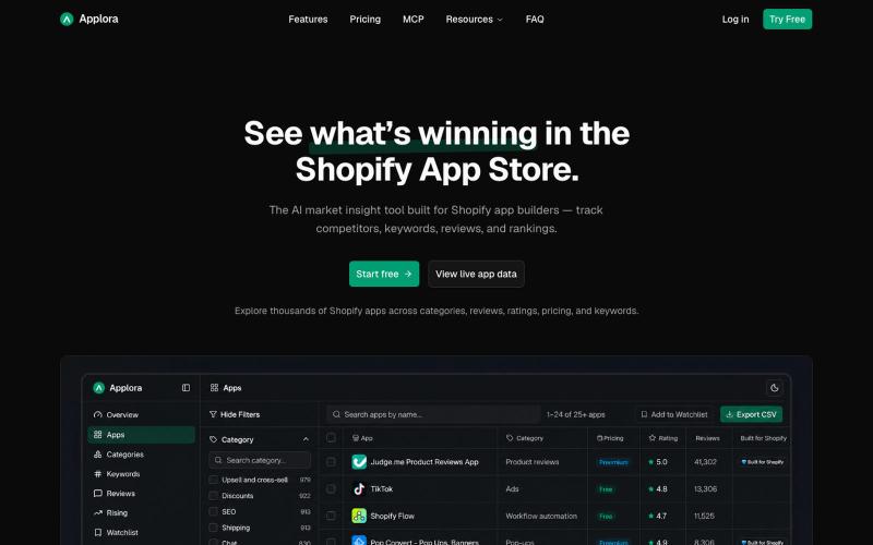 Applora AI - Shopify App Store Intelligence for App Builders — screenshot