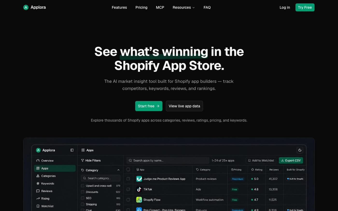 Applora AI - Shopify App Store Intelligence for App Builders — screenshot