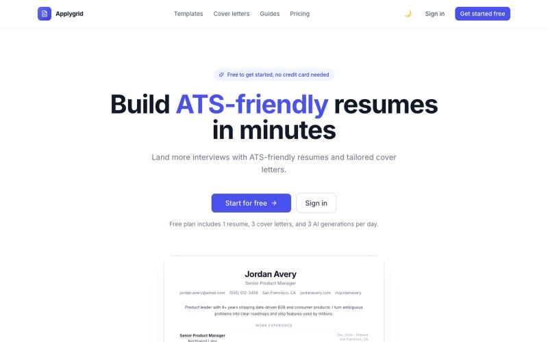 Applygrid – ATS Resume Builder & AI Cover Letter Generator — screenshot