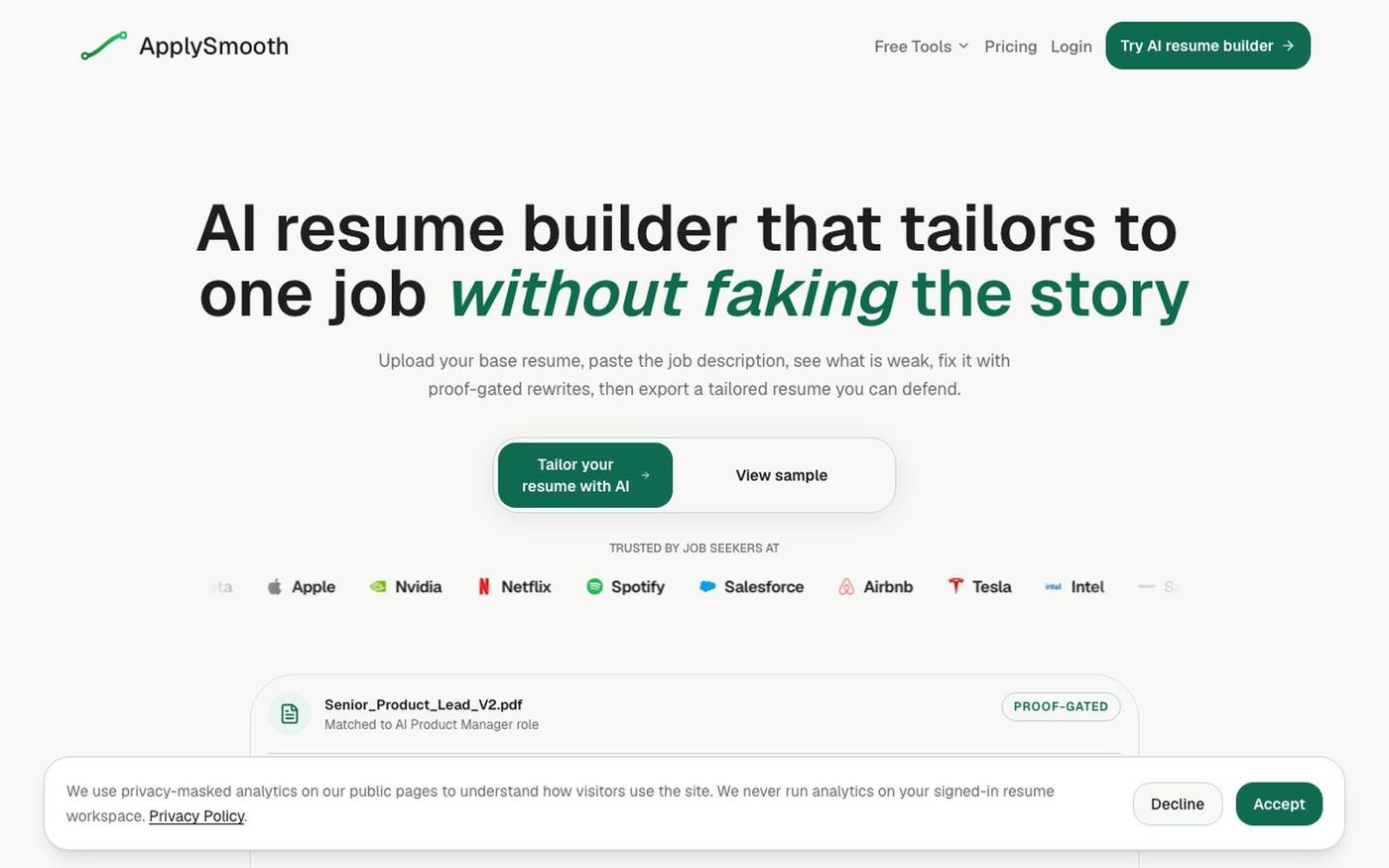 AI Resume Builder for Job Description Tailoring | ApplySmooth — screenshot