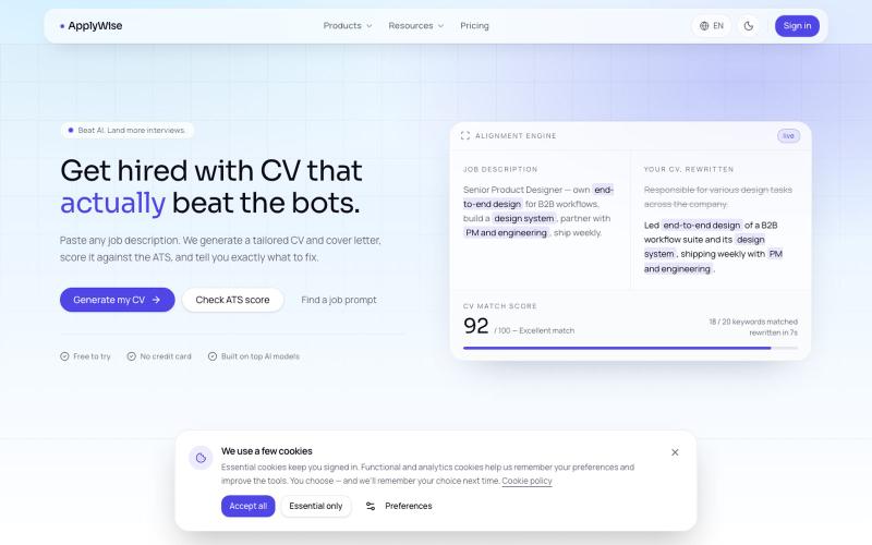 ApplyWise — AI CVs, Cover Letters & ATS Optimization — screenshot