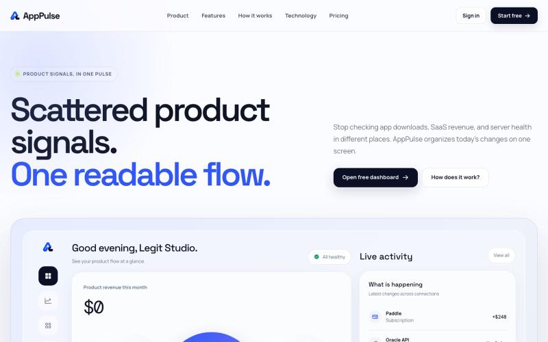 App Analytics, Revenue & Uptime Monitoring | AppPulse — screenshot